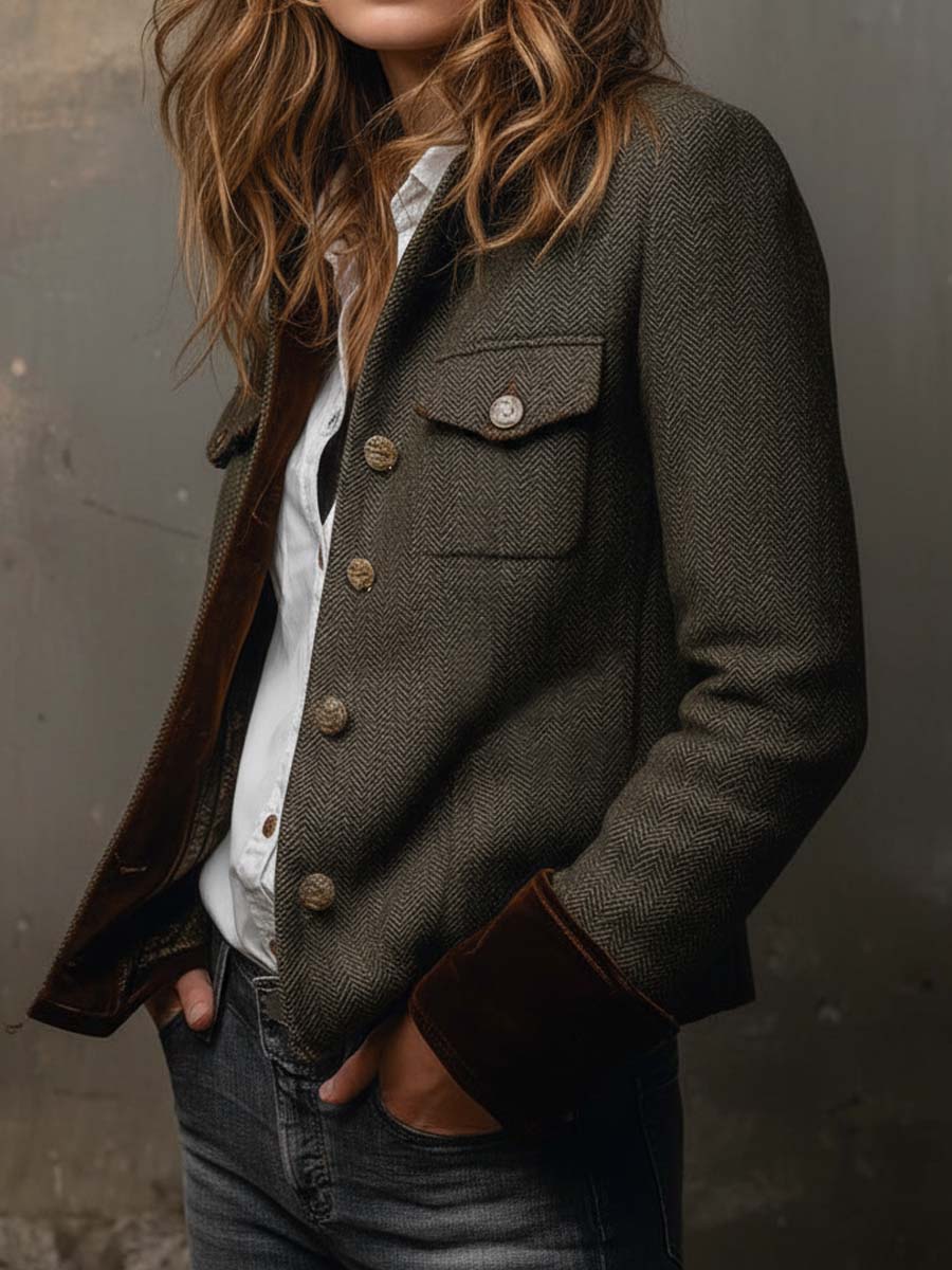Magdalene - Blazer Vintage da Donna con Bordo a Contrasto a Spina di Pesce
