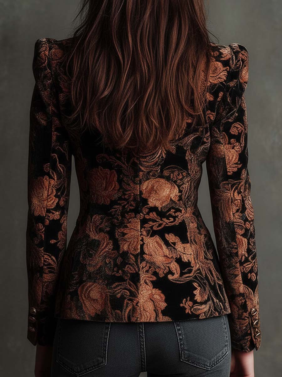 Kara - Blazer Tailored Nero e Bronzo con Stampa Floreale per Donna