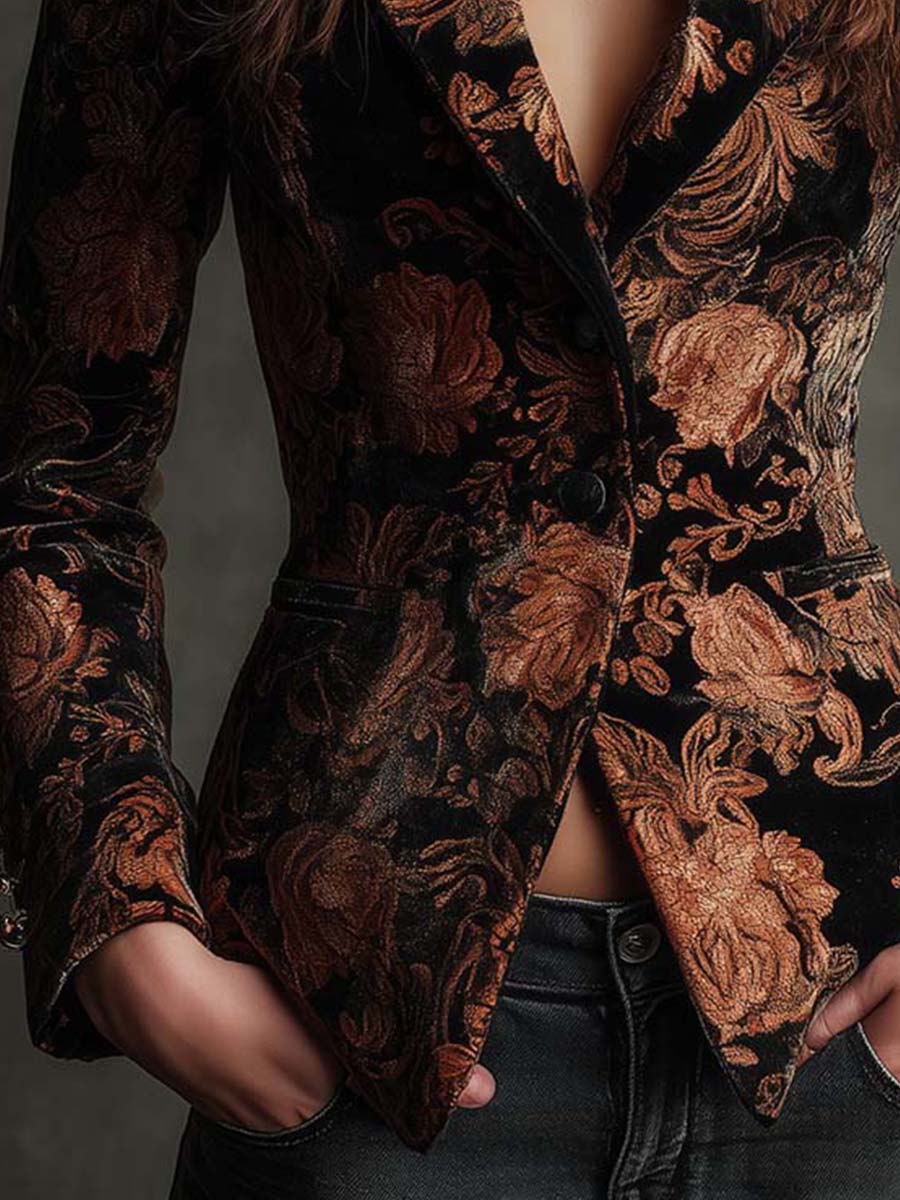 Kara - Blazer Tailored Nero e Bronzo con Stampa Floreale per Donna