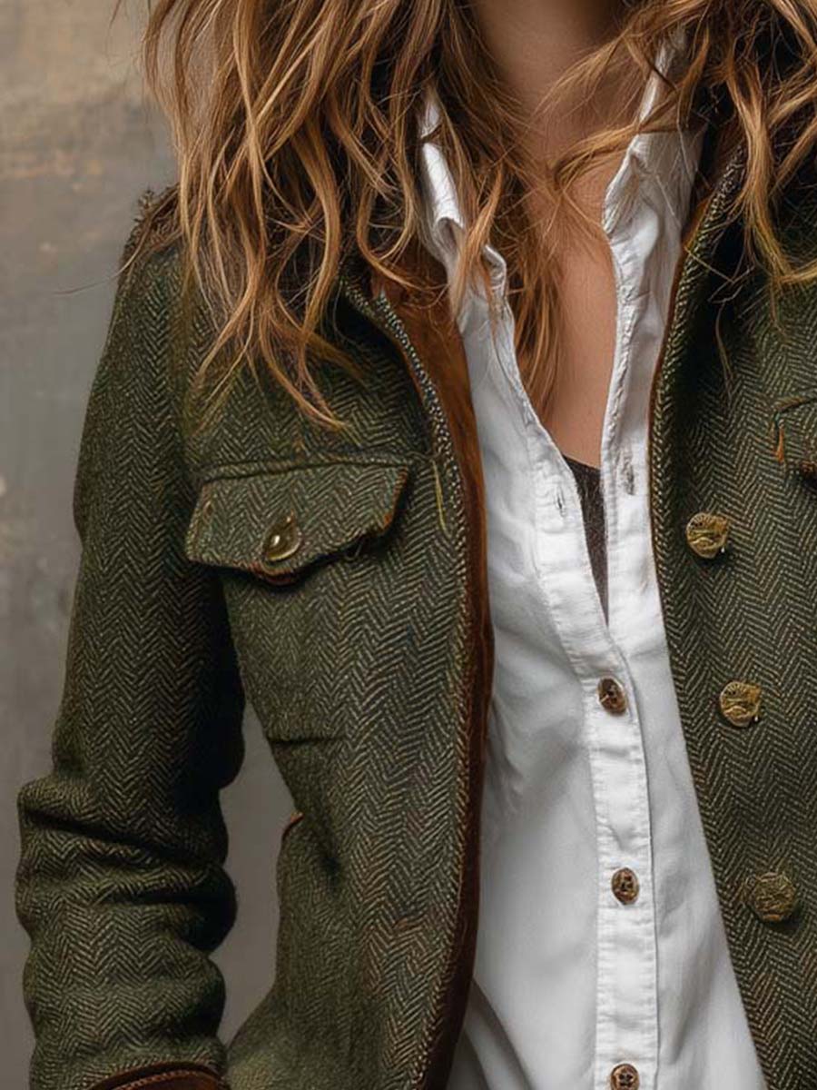 Magdalene - Blazer Vintage da Donna con Bordo a Contrasto a Spina di Pesce