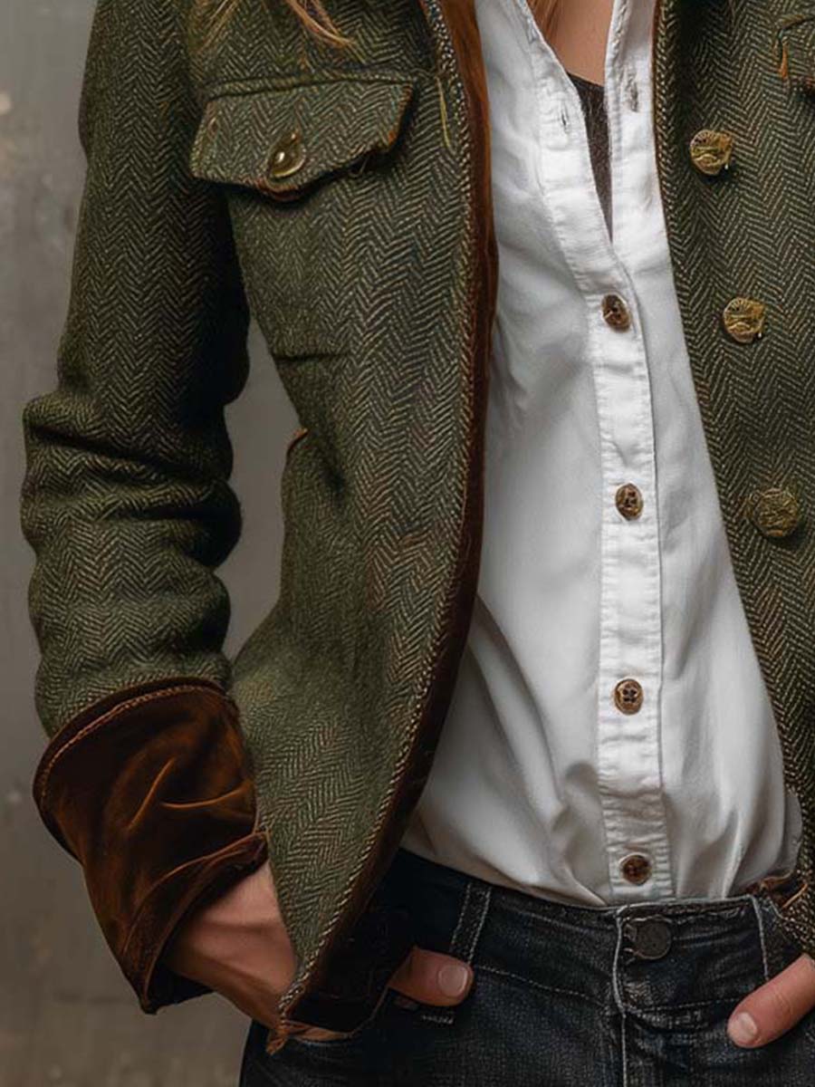 Magdalene - Blazer Vintage da Donna con Bordo a Contrasto a Spina di Pesce