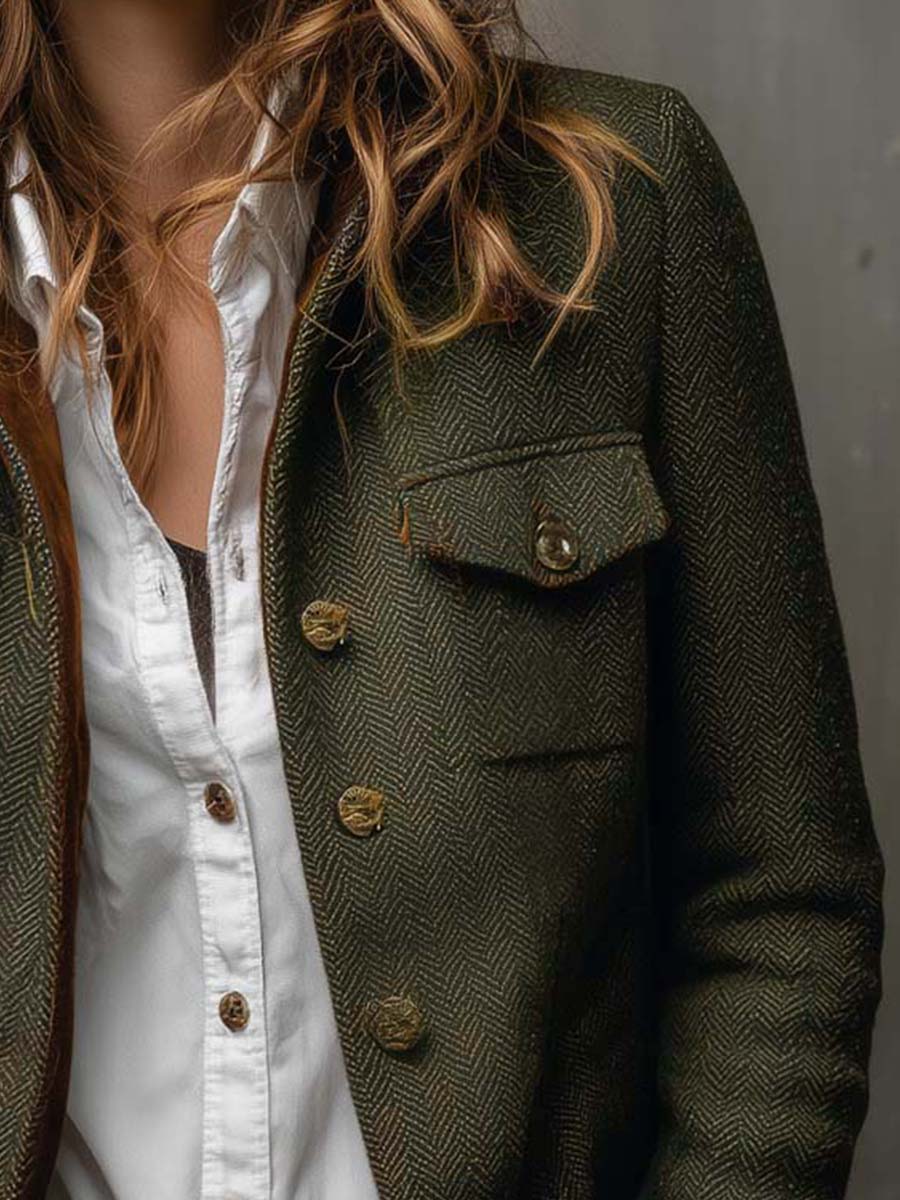 Magdalene - Blazer Vintage da Donna con Bordo a Contrasto a Spina di Pesce
