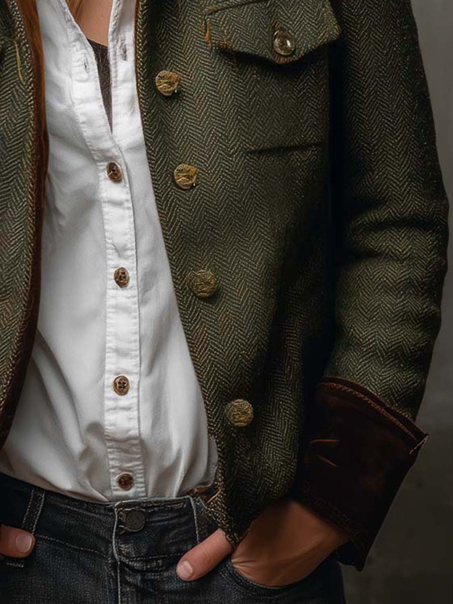 Magdalene - Blazer Vintage da Donna con Bordo a Contrasto a Spina di Pesce