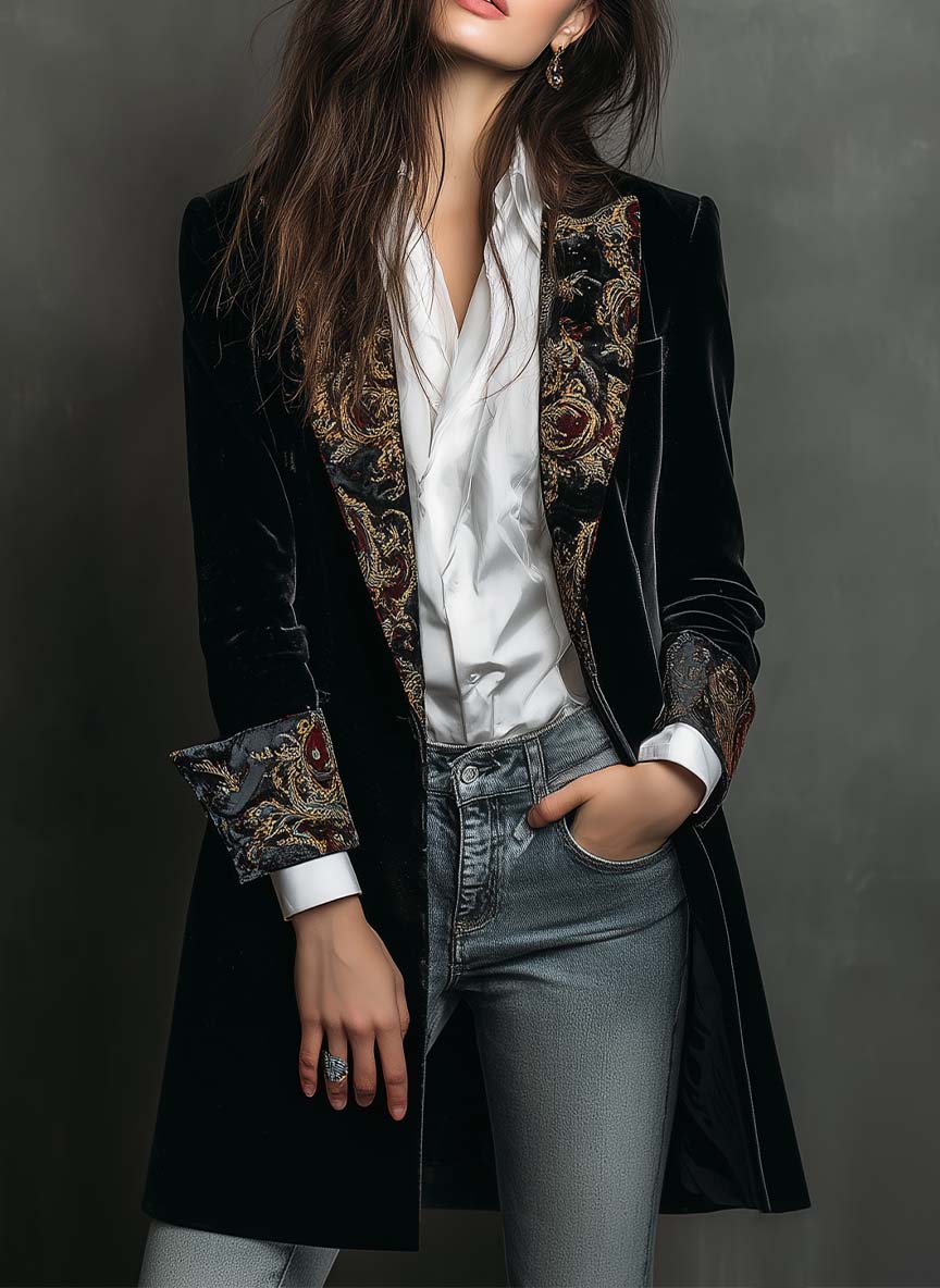 Alana - Blazer Slim Fit Nero con Stampa Barocca per Donna
