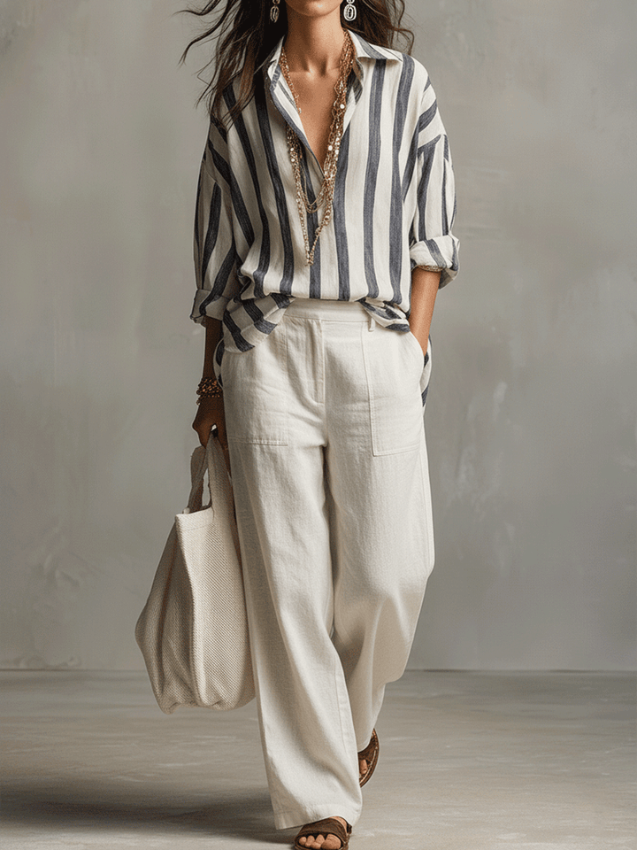 Kaia | Camicia Casual a Righe in Cotone e Lino a Maniche Lunghe