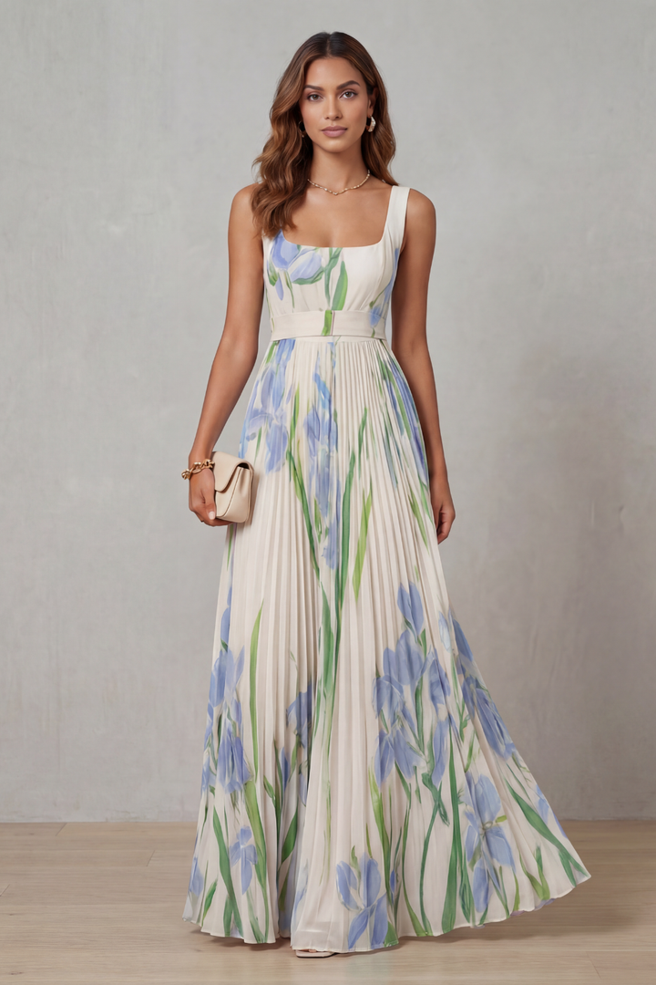 Viviana | Abito Maxi Plissettato Floreale Acquerellato