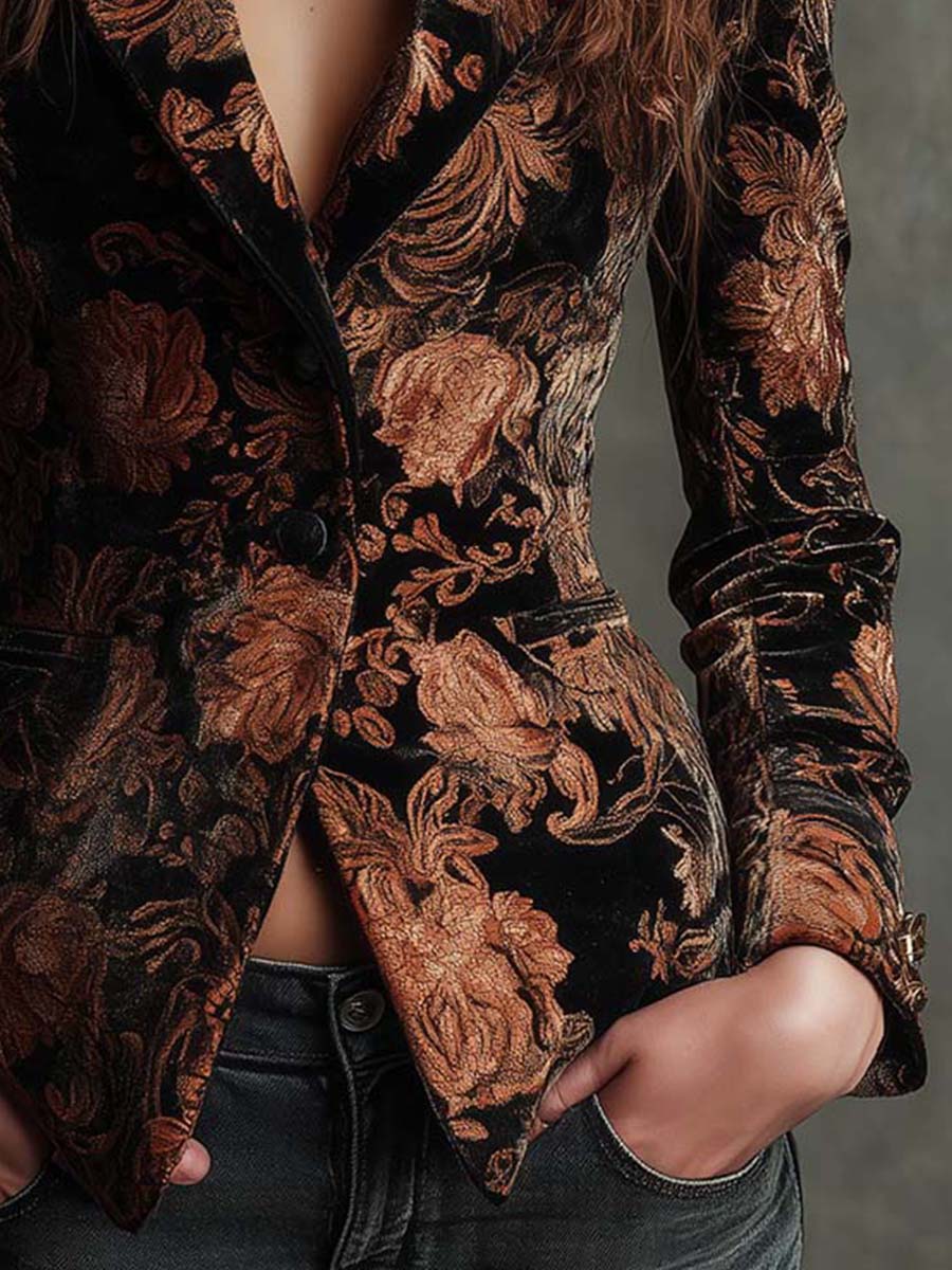 Kara - Blazer Tailored Nero e Bronzo con Stampa Floreale per Donna
