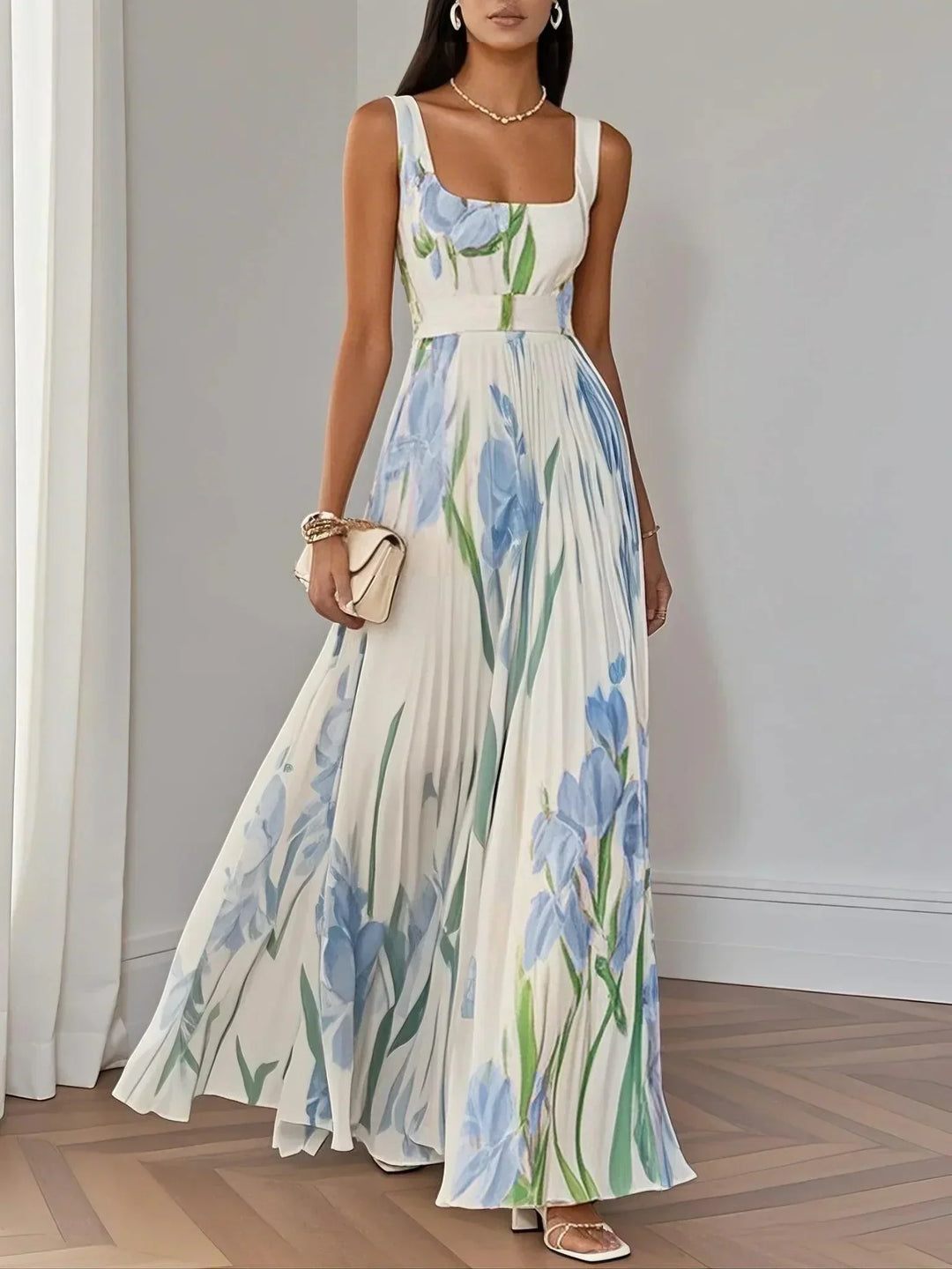 Marie | Abito Maxi Chiffon Floreale Plissettato Bianco