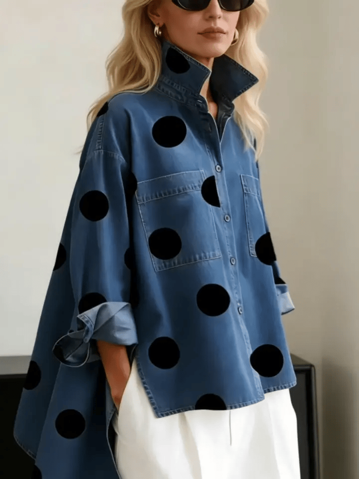 Fausta | Camicia di jeans a pois con collo alto