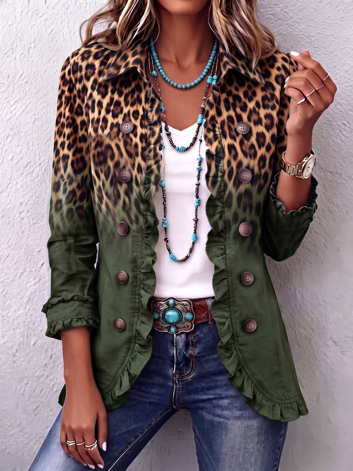 Filomena | Giacca Blazer Leopardata Verde con Volant