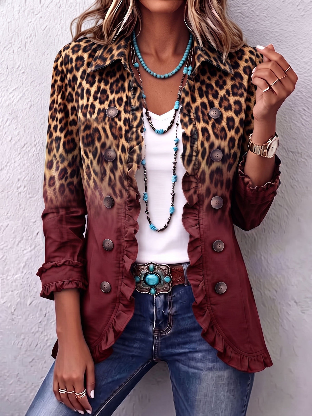 Dorotea | Giacca Blazer Leopardata Vino con Volant